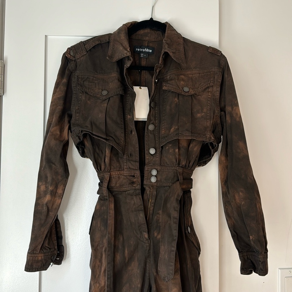 Retrofete NWT Shirelle Jumpsuit Size S Sepia Brown Acid Wash Denim 100% Cotton